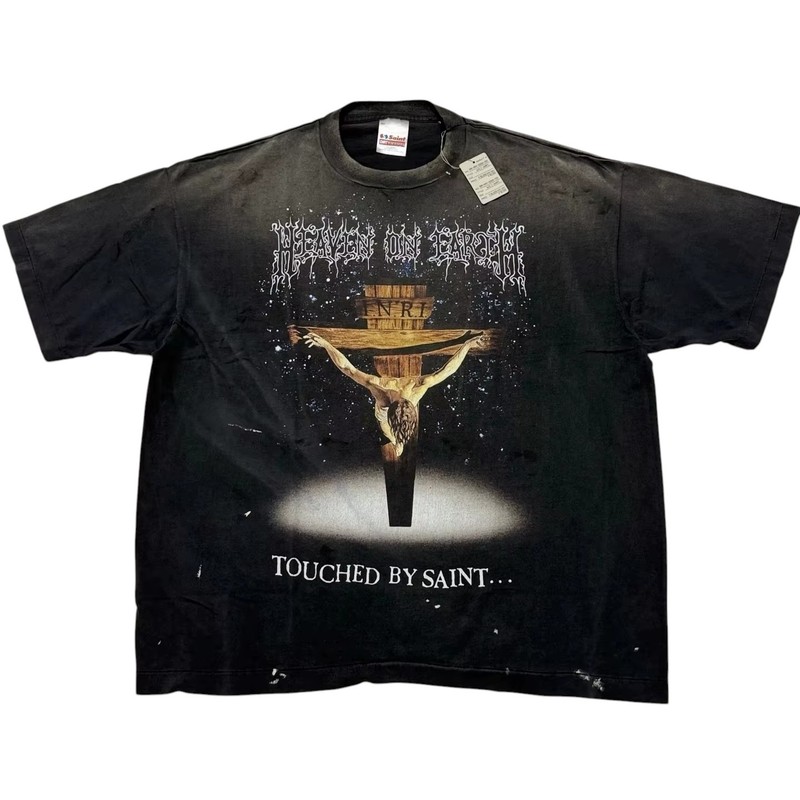 Saint Michael 'Jesus' SS T-Shirt in Black Cotton Round Neck Short Sleeve Men's
