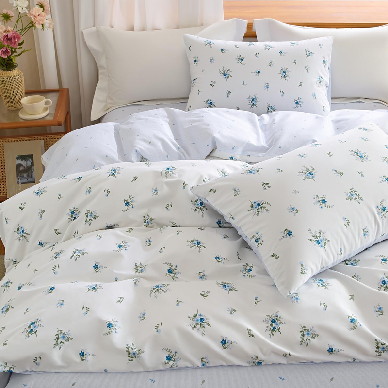 Bettwäsche 155X220 Baumwolle Blumen Blau Weiß Wendebettwäsche