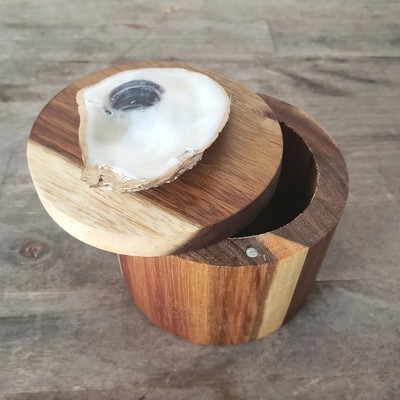Nautical Wooden Salt Box Oyster Shell  Lid Trinket Storage Container Magnetic