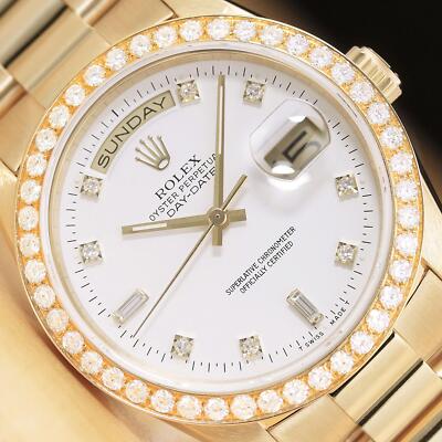 フォーチュン時計18K ROLEX MENS DAYDATE 18238 WHITE DIAL 1.60 CT DIAMOND BEZEL