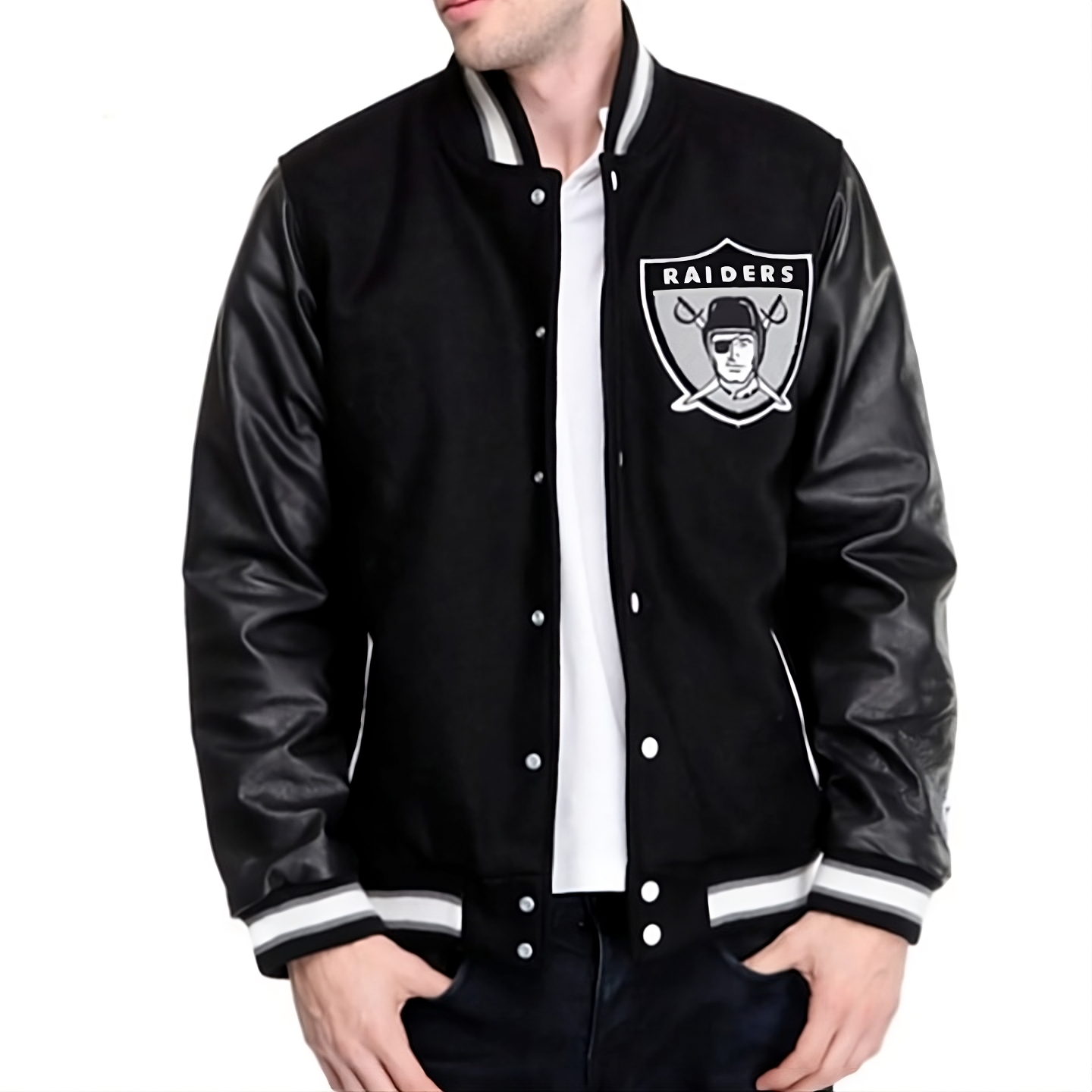 NFL Oakland Las Vegas Raiders wool body leather sleeves NFL Oakland Las Vegas Raiders wool body leather sleeves