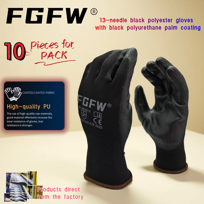 10 Pairs Work Gloves PU Coated Palm 13 Gauge Abrasion Tear Resistant EN388