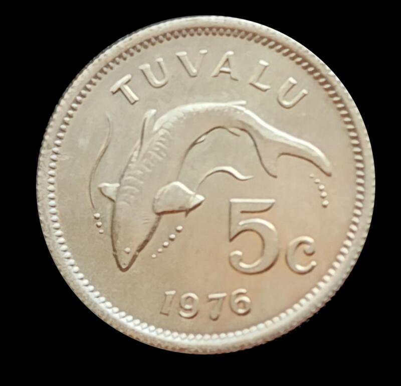 1976 TUVALU 5 Cents Coin Tiger Shark EXCELLENT aUNC - MUCH NICER than photos!