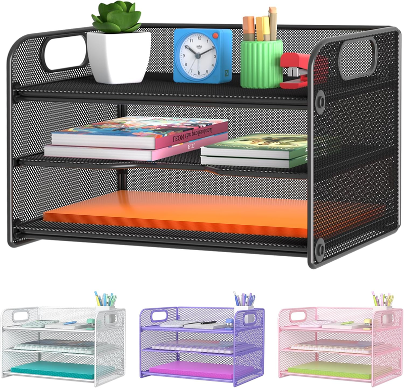 3 Tier Letter Tray Paper Organizer with Handle, Mesh Desk Organizer Paper Sorter