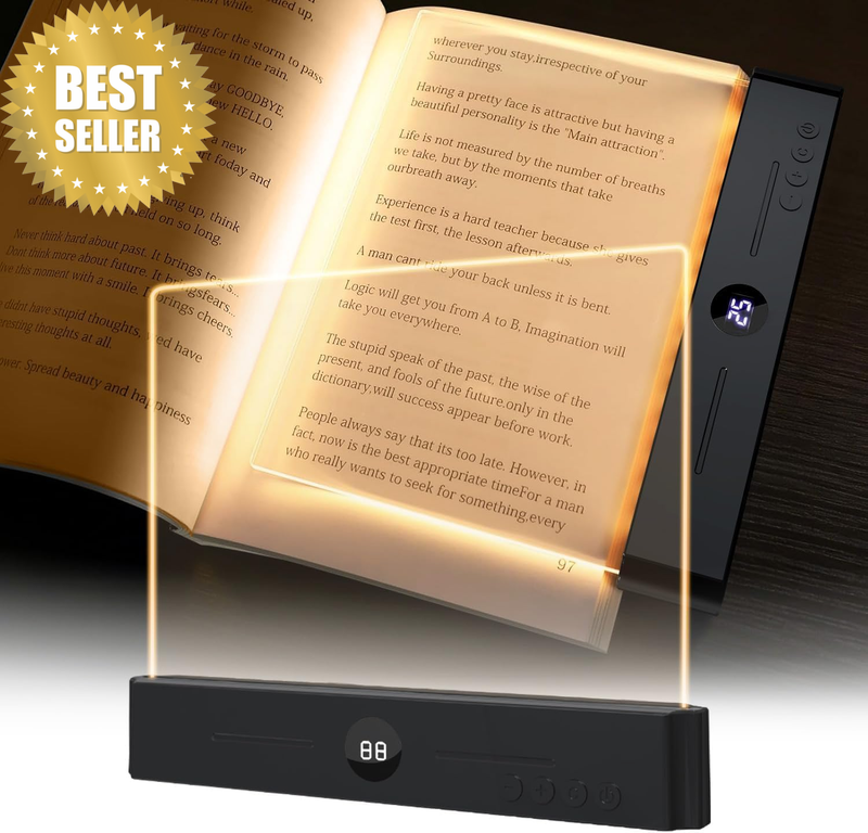 Flat Book Light, Rechargeable Clear LED Smart Reading Light with 3 Colors & Time