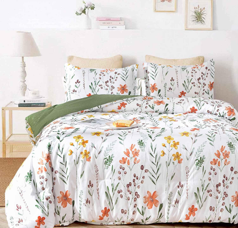 Queen Size Comforter Set, White Yellow Floral, Green Leaf Pattern Print Reversible down Alternative Bed Sets - 90 X 90 3PC Soft Microfiber Flower Duvet Vintage Farmhouse Bedding in a Bag for Women Men