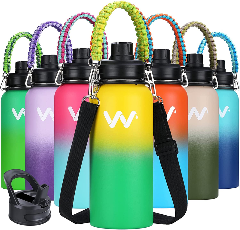 Insulated Water Bottle with Paracord Handles & Strap & Straw Lid & Spout Lid,Reu
