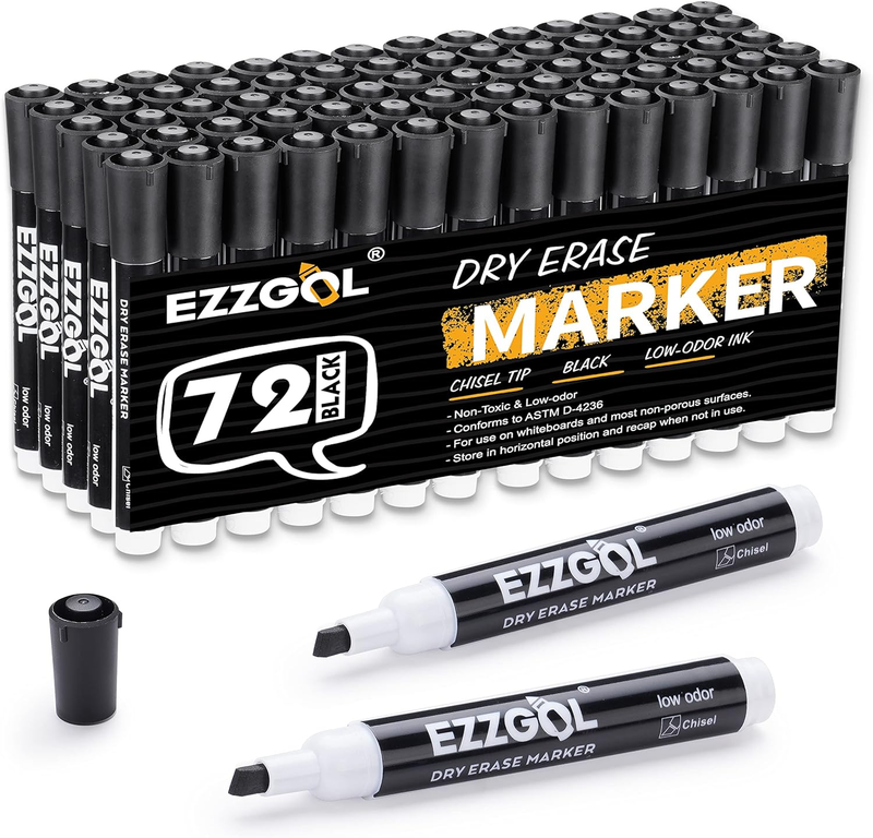 Bulk, 72 Pack Black Low Odor Whiteboard Markers, Chisel Tip 