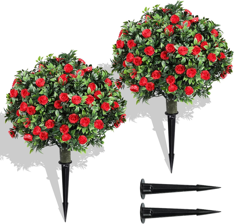 Set of 2 Artificial Boxwood Topiary Ball Trees with Red Flowers, 16 Inch Faux Outdoor Greenery Shrubs, Fake Plants for Garden, Yard, Porch, Patio – Valentine’S Day & Year-Round Decor