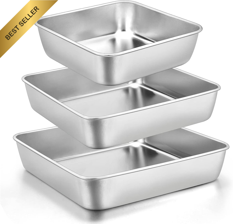6/8/9-Inch Square Cake Pan Set,  Stainless Steel Square Baking Brownie Pans Meta