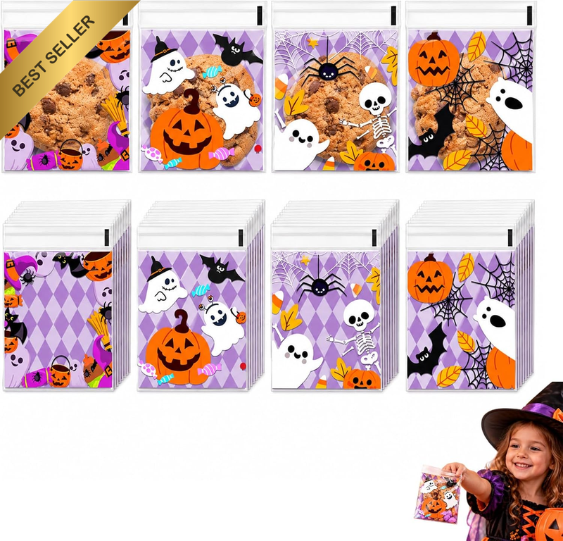 200 Pack Halloween Cellophane Treat Bags with Self-Adhesive Seal, 4 Cute Designs