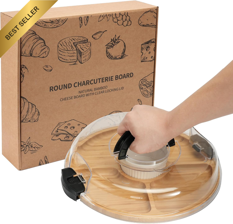 Charcuterie Board with Lid- 5 Compartment round Serving Tray with Handle & Locki