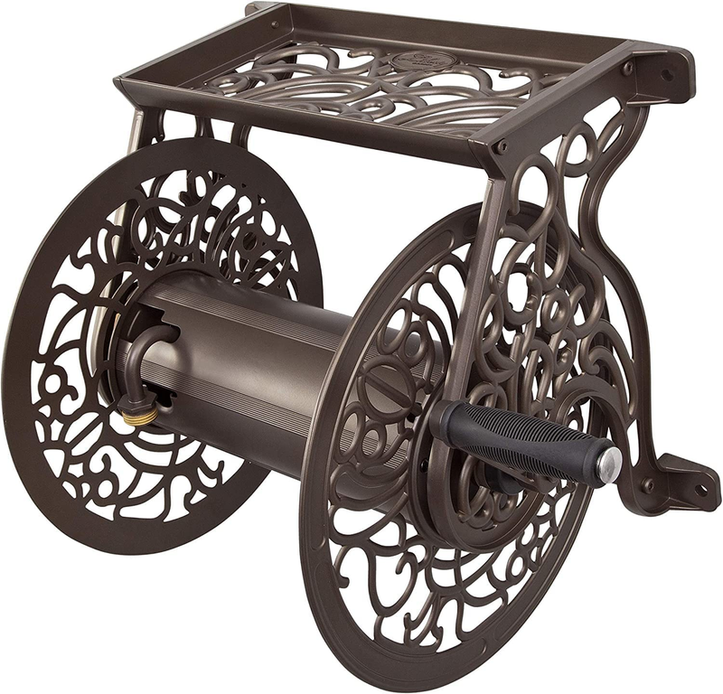 704 Decorative Cast Aluminum Wall Mount Garden Hose Reel, Holds 125-Feet of 5/8-