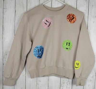 Molos Girl's Marge Sequin Smiley-Face Beige Gots Organic Cotton Sweatshirt SZ 10