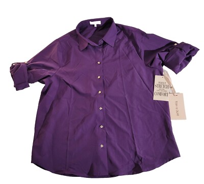 Toby & Olive Women's 1X Purple Blouse Button Up 3/4 Sleeve, Super Soft