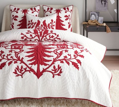 POTTERY BARN CLARA APPLIQUÉ BIRD CARDINAL CHRISTMAS TREE HOLIDAY KING QUILT NEW