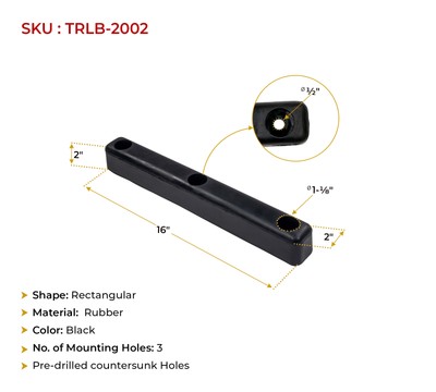16"x2"x2" Rectangular Rubber Dock Bumper with 3 Holes - Impact Resistant Molded