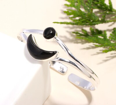 Black Onyx Gemstone 925 Sterling Silver Bangle Adjustable Cuff Handmade Jewelry