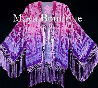 Pre-owned Maya Matazaro Wearable Art Hand Dyed Velvet Kimono Fringe Jacket Grape Wine  In Purple