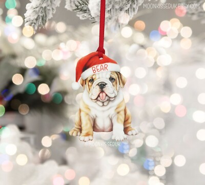 Personalised English Bulldog with Santa Hat Ornament, Festive Bulldog Christmas