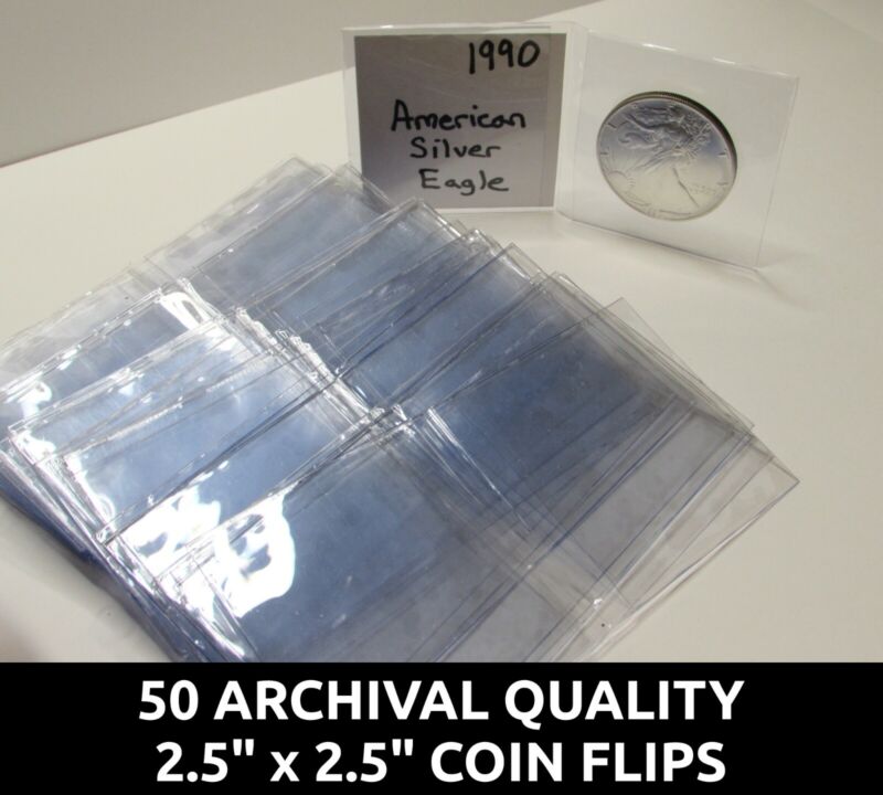 50 Archival Quality Mylar 2.5 X 2.5 Coin Holders - Plastic Flips For Pcgs / Ngc