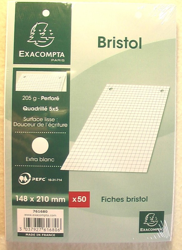 50 Fiches Bristol Blanches-148 X 210 Petits Carreaux - PerforÃ©Es Exacompt. Nf