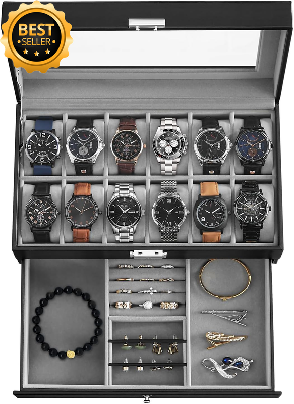 Watch Box 12-Slot Watch Box Jewelry Box Organizer for Men 2 Layers with 1 Drawer