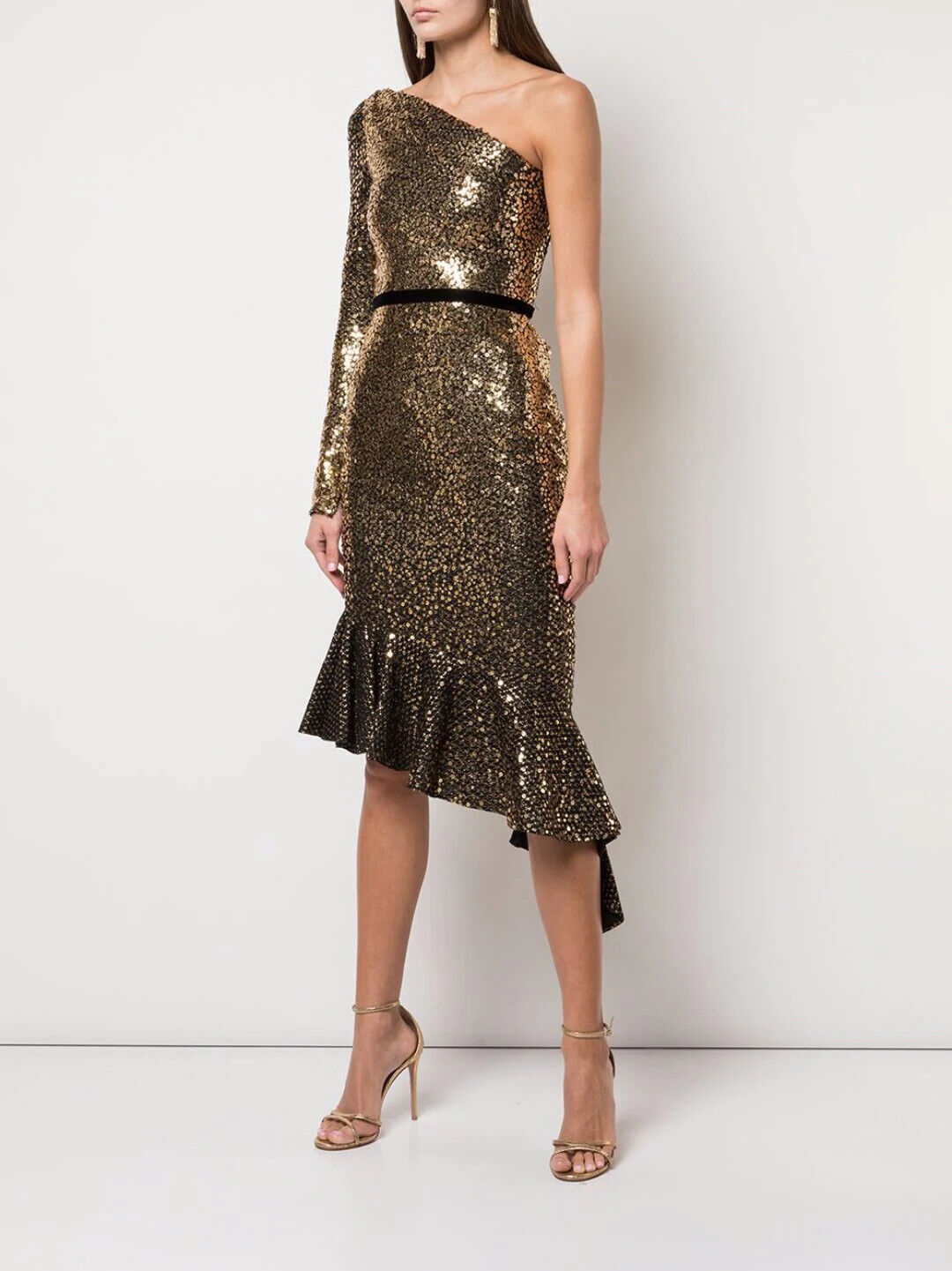 Pre-owned Marchesa Notte Glitter Ruffle Asymmetric Cocktail Dress 2 4 6 8 Rv$695 In Gold