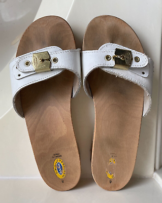 Vintage Dr Scholl s Size 8 White Sandal Wood Leather Sole Made Italy FUC Slide