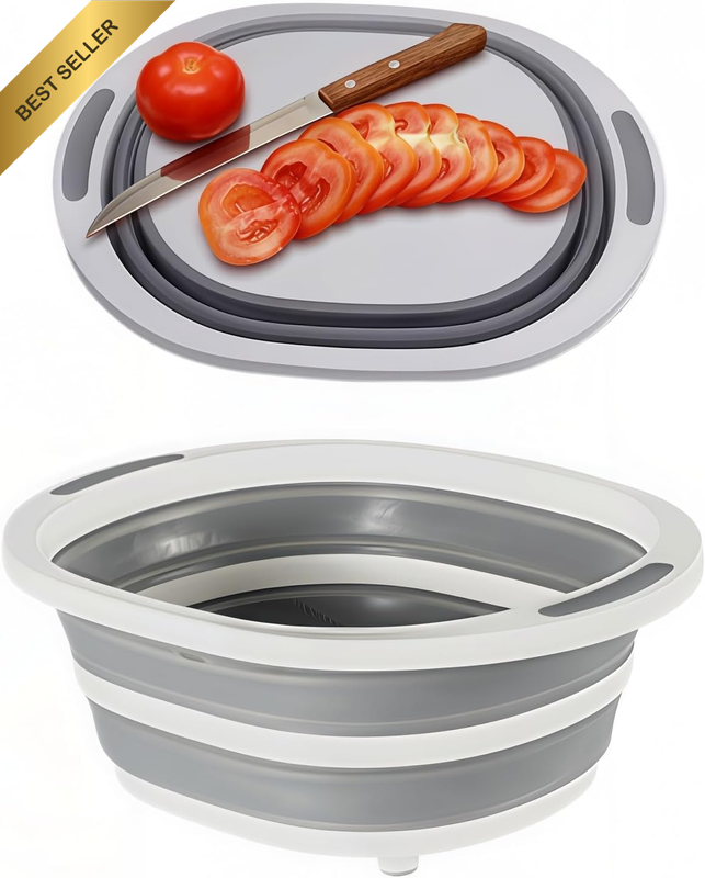 Cutting Board with Tub Space Saving Collapsible Basin Wash Basin Basket for Camp