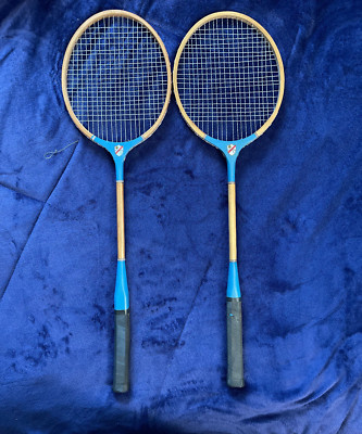 Vintage Wooden Free Swing WW Badminton Rackets Pair Set of 2 Blue