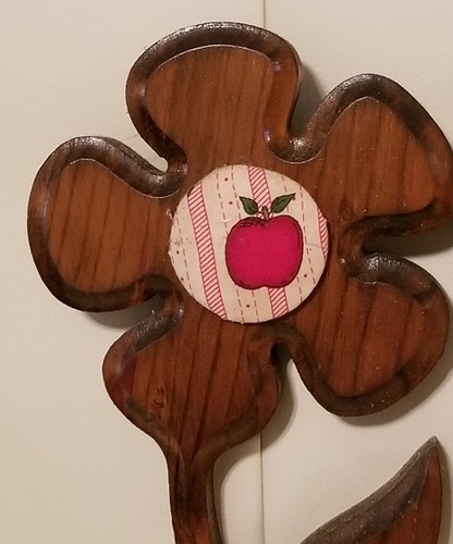 Pair Set of Vintage Wooden Flowers w apples Wall Decor retro country