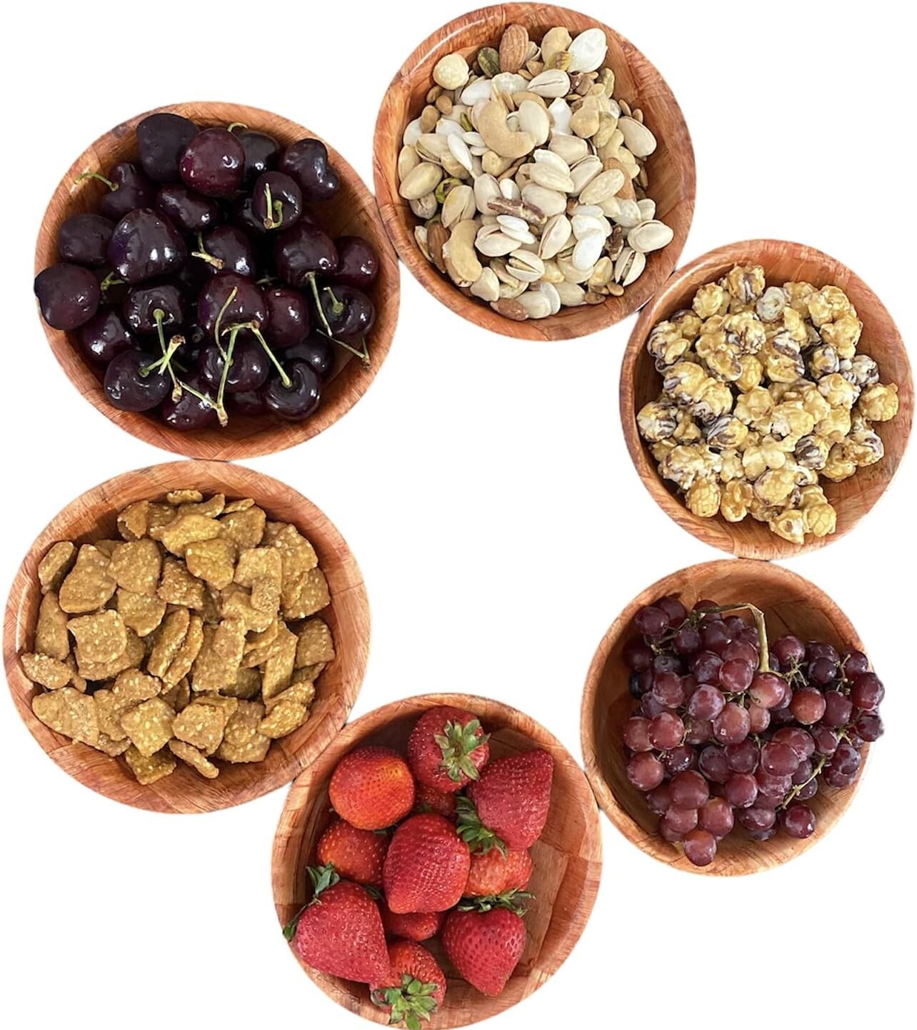 Grace Natural Wooden Woven Salad Bowls, 6 Inch Snack Bowls, Set of 6 Party Fruit