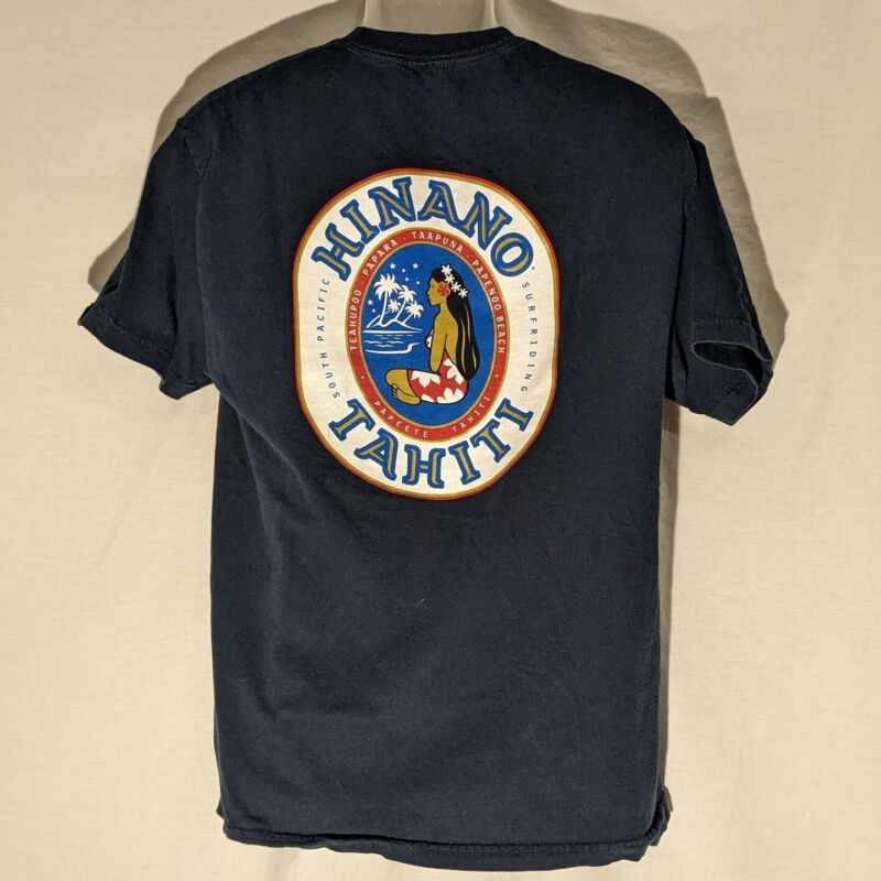 Hinano Tahiti Beer Tiki T-Shirt, Dark Blue, Surfing Size Large, Men’s, Hula Girl