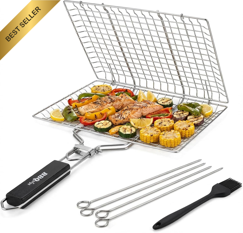 Fish Grill Basket for Outdoor BBQ - Stainless Steel Folding Wire Rack with Detac
