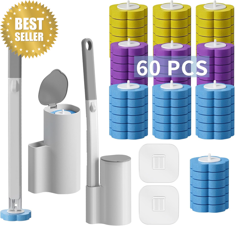 2 Pack Disposable Toilet Brush Set with 60 Refills, 15.7In Extended Handle Wand
