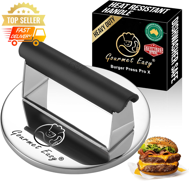 Stainless Steel Burger Press, Heat Resistant Handle, Dishwasher Safe Smasher