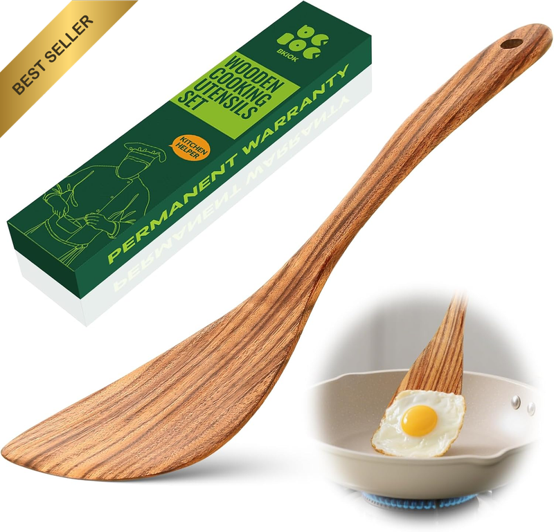 Wooden Spatula, 12.5" Teak Wood Long Handle Flat Frying Turner, Heat-Resistant W
