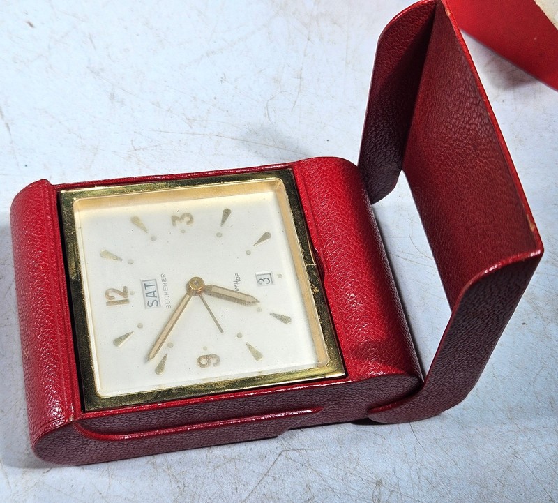 Vintage Bucherer Swiss 8-Day Travel Alarm Clock Day Date Red