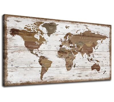 Large World Map Canvas Wall Art Prints Office Wall Decor White Wooden Board V...