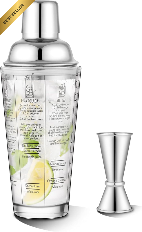 Glass Cocktail Shaker Printed with Recipes,14 Oz Martini Shaker with Double Meas
