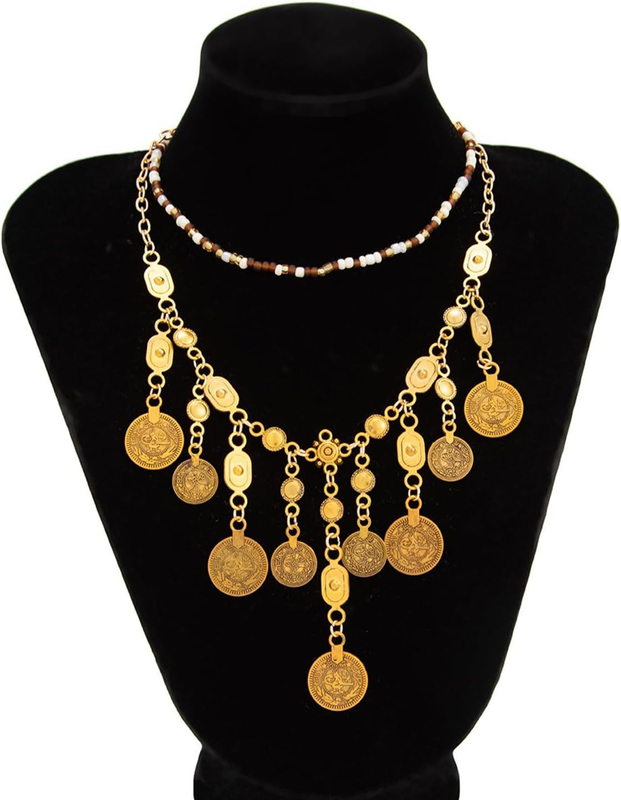 Boho Layered Gold Coin Necklace Women Bohemian Beaded Coin Tassel Ethnic Pendant