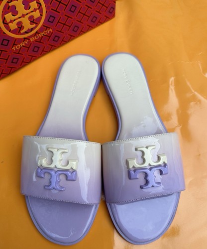 Pre-owned Tory Burch Everly Slide Flat Soft Patent Leather Lavender Ombré W Logo Sz 7 In Purple
