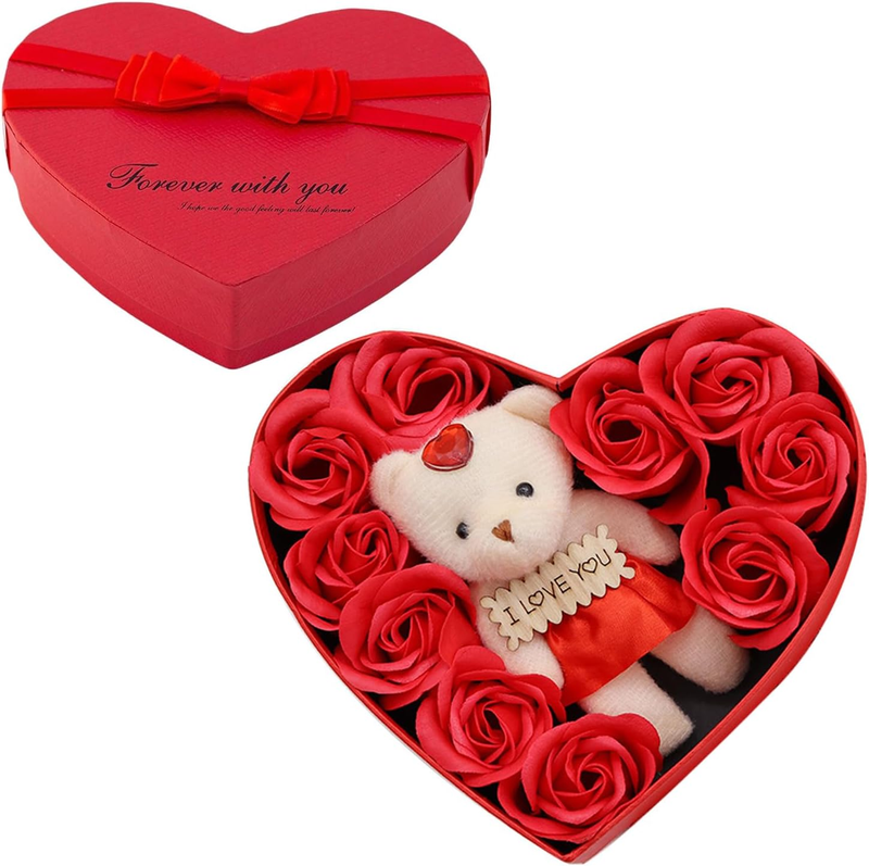 Rose Bear with Heart Box Romantic Roses Flower Gift Box with Cute Teddy Bear for
