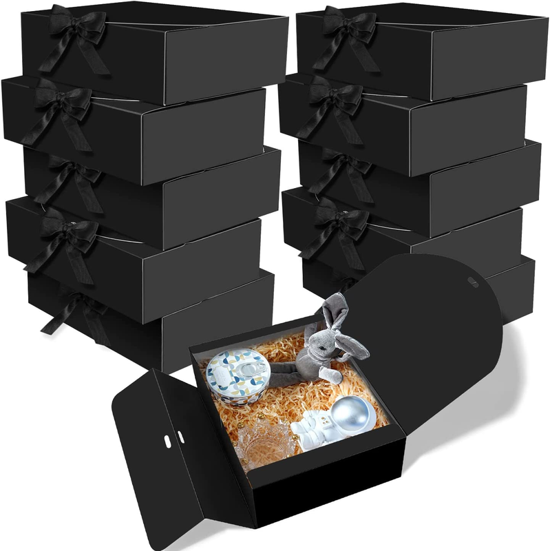 10 PCS Boxes with Lids, 10.6X7.8X3.1 Inch Kraft Paper, Black Gift Boxes with Rib