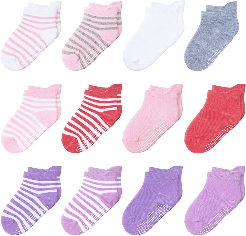 12 Pack Non Slip Kids Toddler Baby Socks with Grips 1-7 Years Girls Boys Cotton