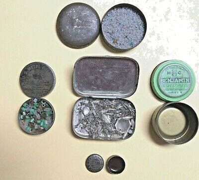 Vintage Lot of 5 Tins-Benjamin Pellets/Tablets/ Salve/Polish-Glass Jewelry Beads