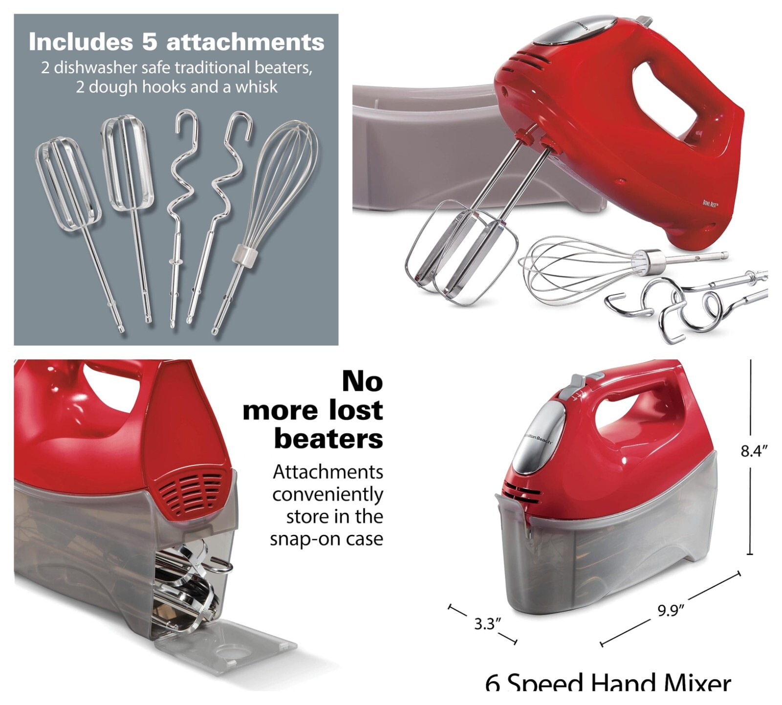 6-Speed Electric Hand Mixer with Whisk, Traditional Beaters Snap-On Storage Case