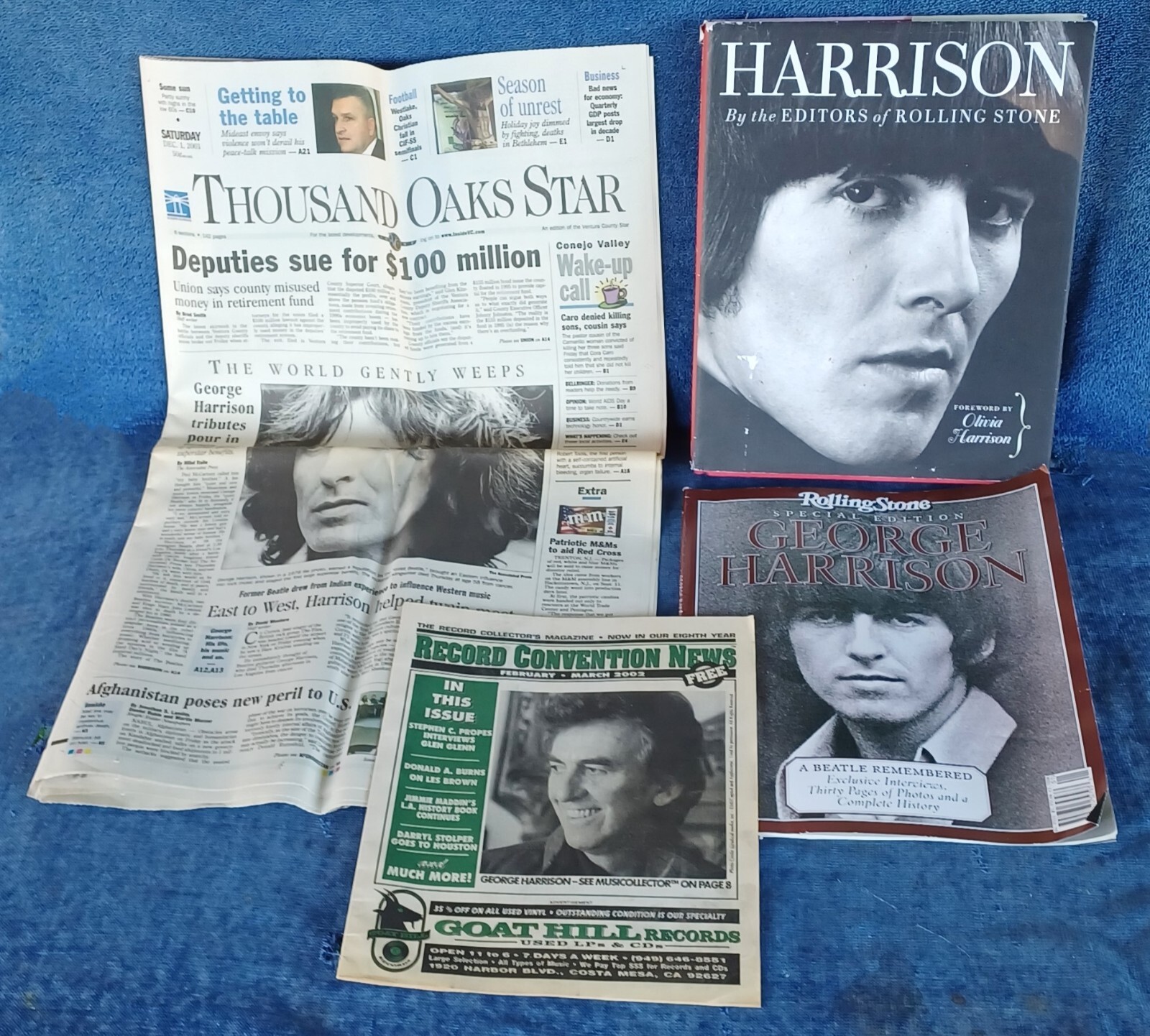 GEO.HARRISON - DEATH OF GEORGE -NEWSPAPER + RECORD CONV
