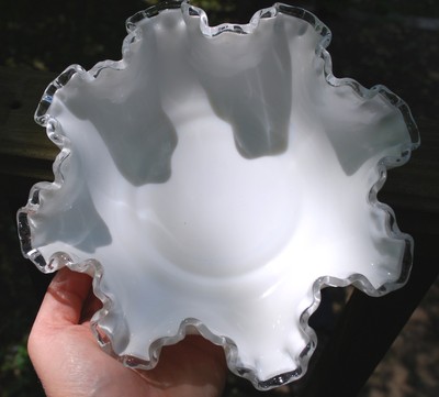 Set of 2 Vintage FENTON SilverCrest WHITE MILK GLASS Bowl Dish  RUFFLE 10.5 & 8